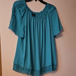 New Directions Teal Blouse with Lace Accents